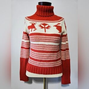 FOX KNITS Fall Theme Burnt Orange And Cream Turtleneck Knit Sweater. Size 1